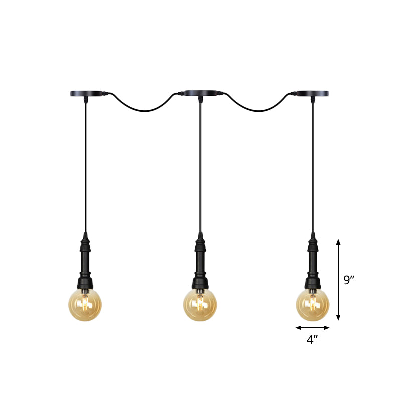 Amber Glass Ball Meerdere hangende licht Vintage 3/5/7-Licht koffiehuis tandem LED plafond hanger lamp in zwart