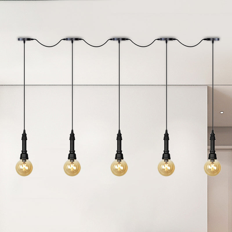 Bernsteinglas Ball Multiple Hanging Light Vintage 3/5/7 Light Coffee House Tandem LED-Decke Anhängerlampe in Schwarz