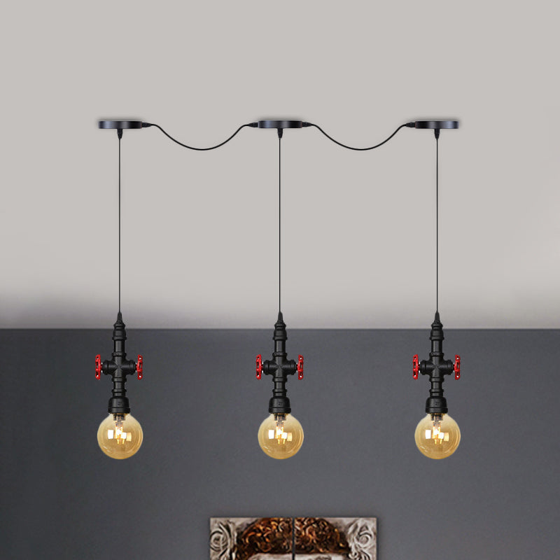 Antiqued Sphere Multi Light Chandelier 3/5/7-Bulb Amber Glass Tandem LED Suspension Pendant in Black