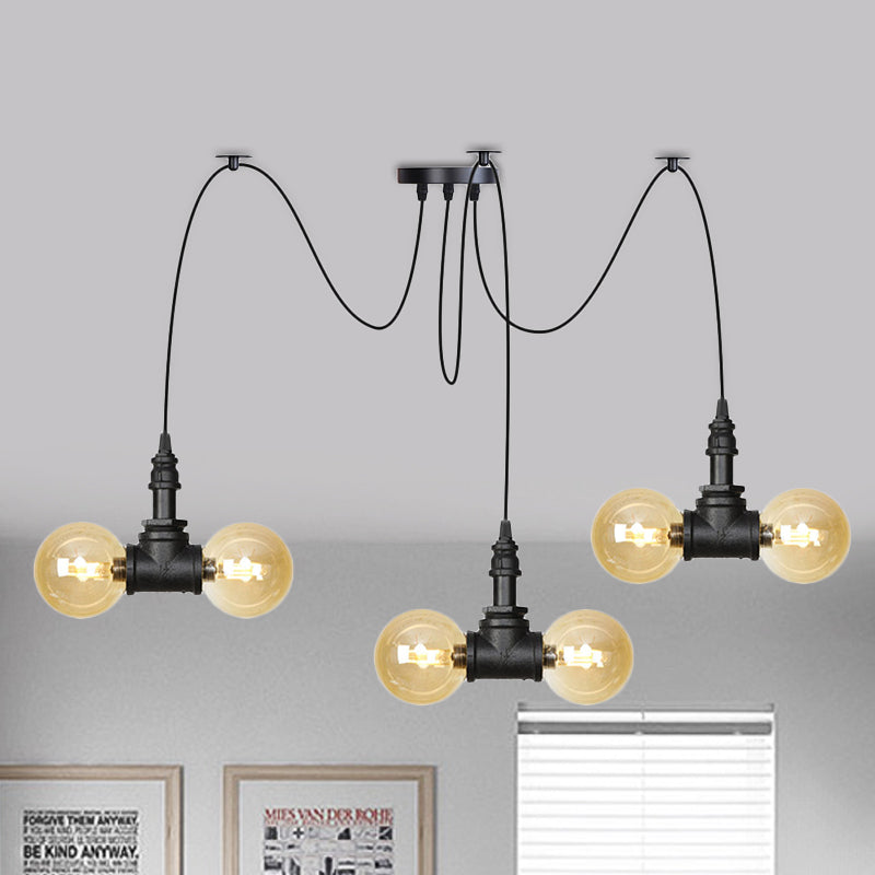 4/6/12 bollen Multi Hangende lamp beboeting Industrial Orb Amber Glass Swag plafond hanger lamp in zwart