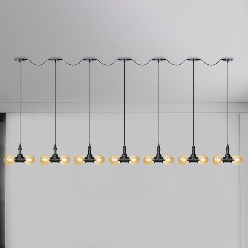 Black 6/10/14 Heads Multi Light Pendant Vintage Amber Glass Ball Tandem LED Suspension Lamp