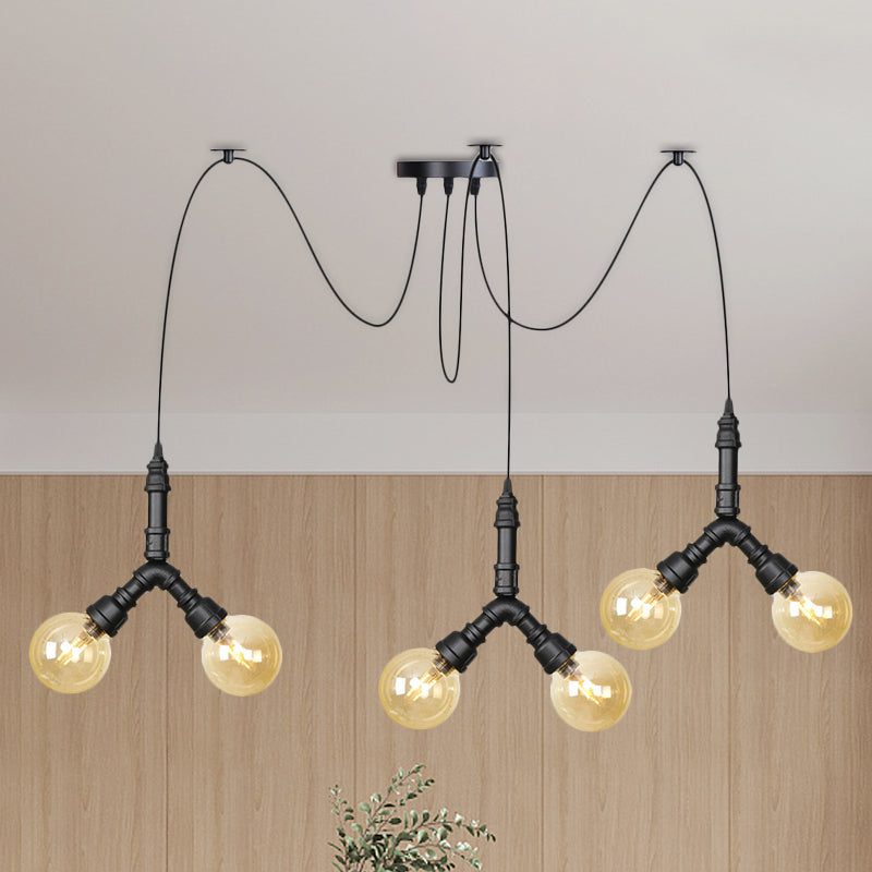 Amber Glass Globe Swag Multi Ceiling Light Industrial 4/6/12 Luces Luces Led Pendulum Lámpara en negro