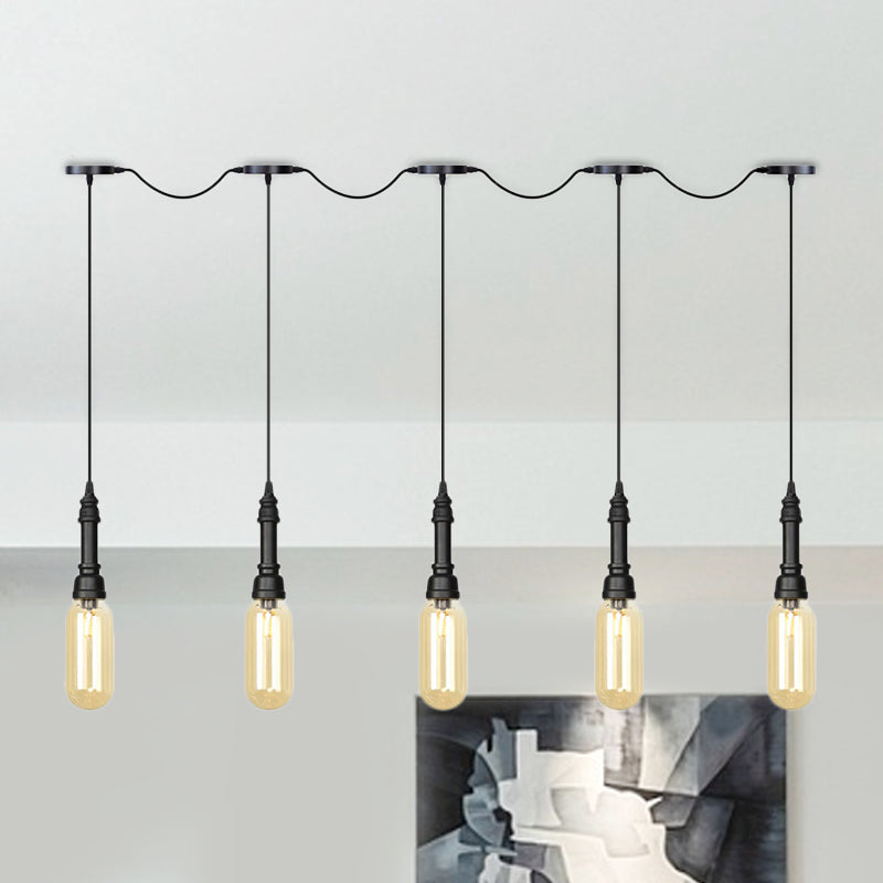 3/5/7 Lights Capsule Multi Light Chandelier Industrial Black Finish Amber Glass Tandem LED Hanging Ceiling Lamp