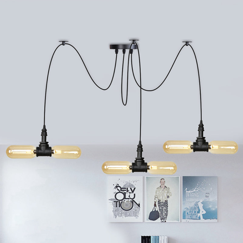 4/6/12-Bulb Amber Glass LED Hanger Vintage Black Capsule Restaurant Swag LED Multi-plafondlamp