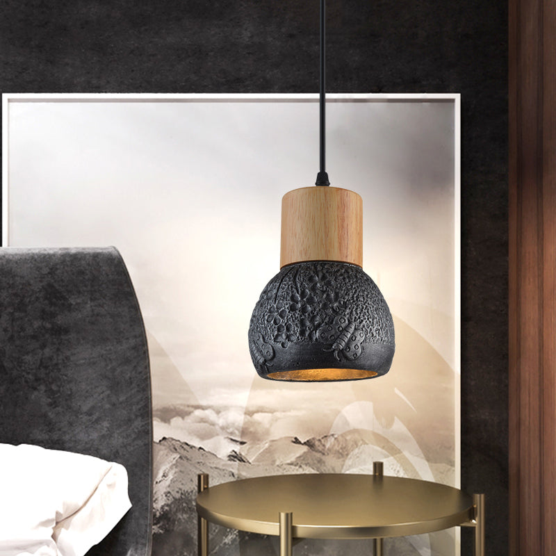 1 Head Cement Ceiling Light Industrial Black/Grey/Brown and Wood Dome Bedroom Pendant Lamp with Butterfly Pattern