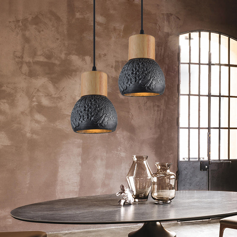 1 Head Cement Ceiling Light Industrial Black/Grey/Brown and Wood Dome Bedroom Pendant Lamp with Butterfly Pattern