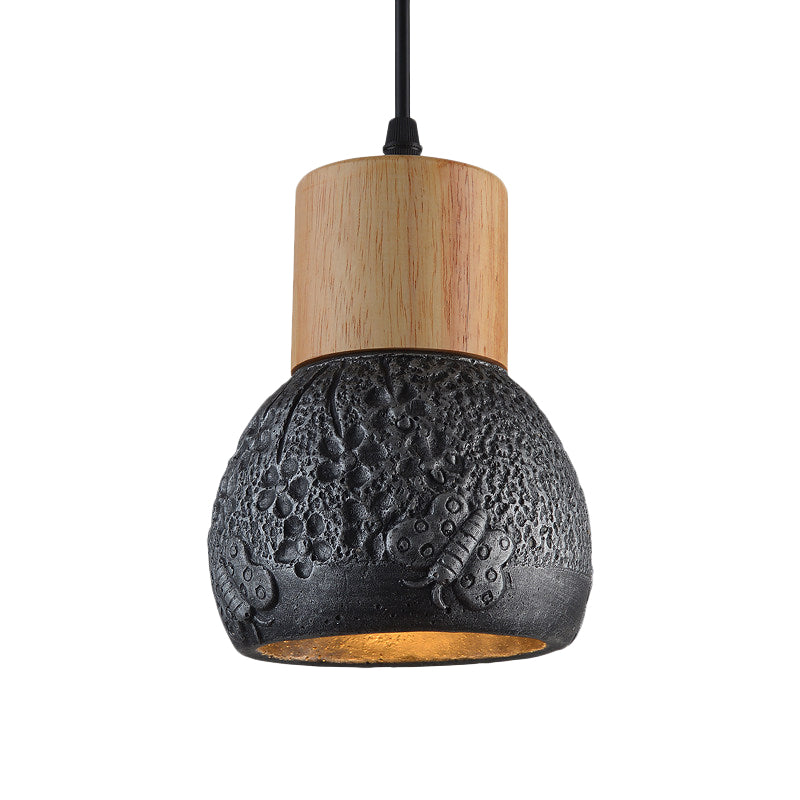 1 Head Cement Ceiling Light Industrial Black/Grey/Brown and Wood Dome Bedroom Pendant Lamp with Butterfly Pattern