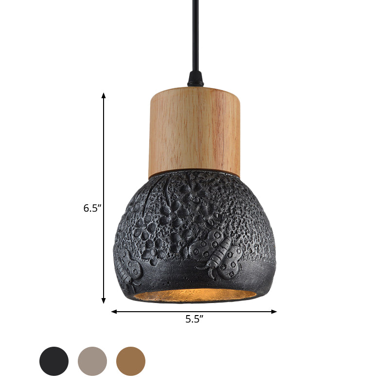 1 Head Cement Ceiling Light Industrial Black/Grey/Brown and Wood Dome Bedroom Pendant Lamp with Butterfly Pattern