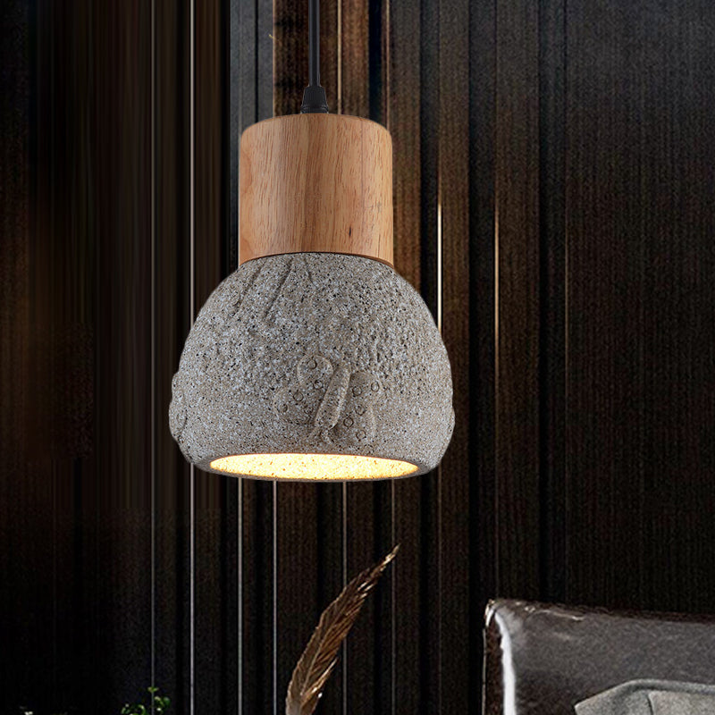 1 Head Cement Ceiling Light Industrial Black/Grey/Brown and Wood Dome Bedroom Pendant Lamp with Butterfly Pattern