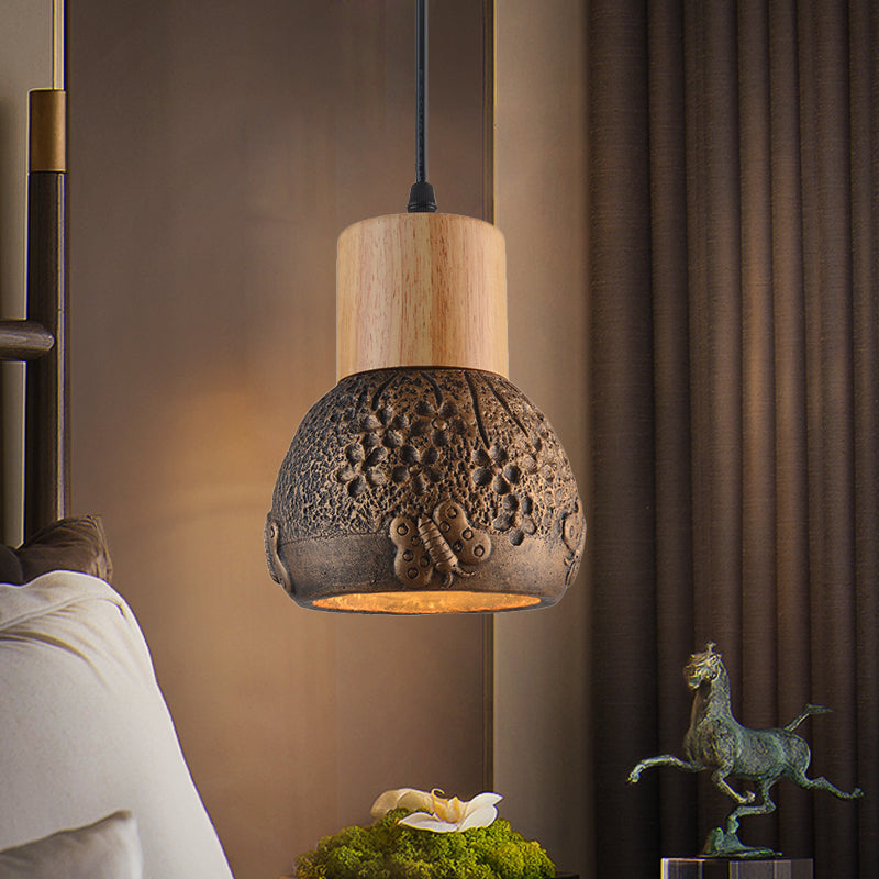 1 Head Cement Ceiling Light Industrial Black/Grey/Brown and Wood Dome Bedroom Pendant Lamp with Butterfly Pattern