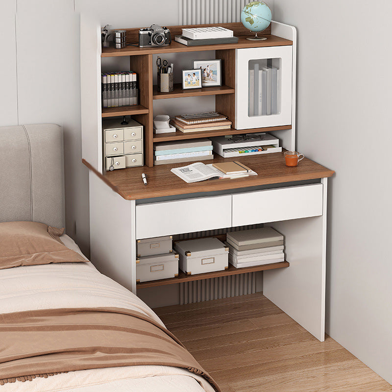 Contemporary Student Desk in White Wood with Drawers and Hutch