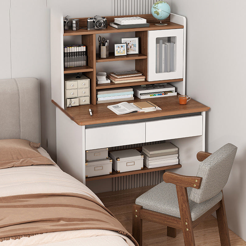 Contemporary Student Desk in White Wood with Drawers and Hutch