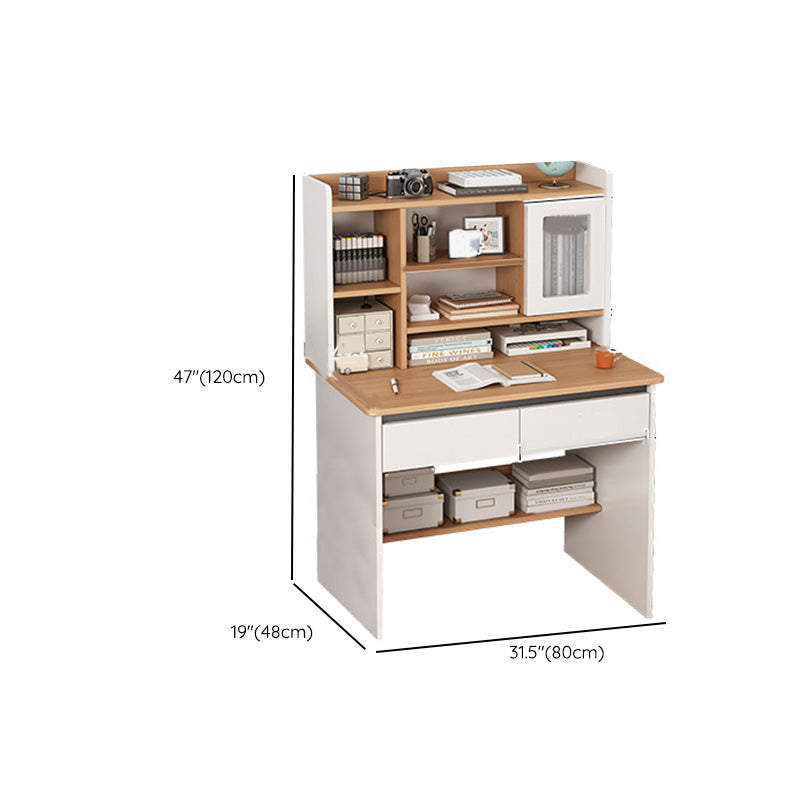 Contemporary Student Desk in White Wood with Drawers and Hutch