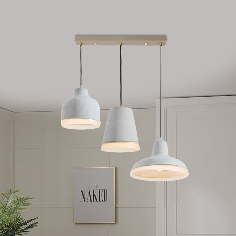 3 Bulbs Multiple Hanging Light Vintage Geometry Cement Pendant Lamp in Grey with Linear/Round Canopy