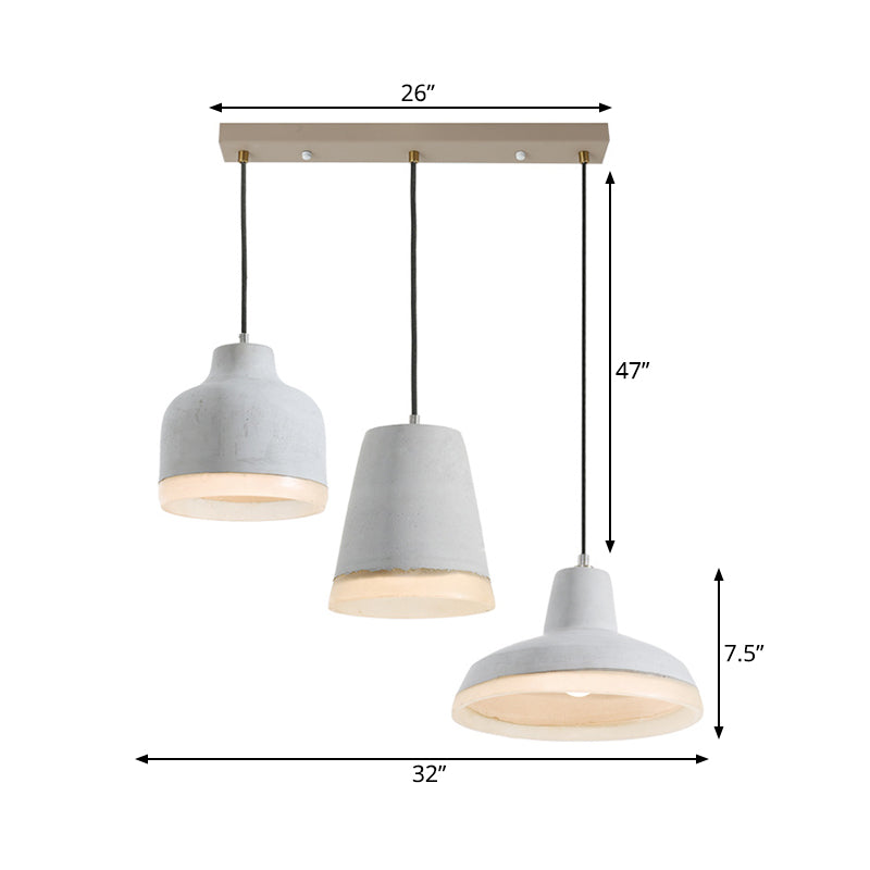 3 Bulbs Multiple Hanging Light Vintage Geometry Cement Pendant Lamp in Grey with Linear/Round Canopy