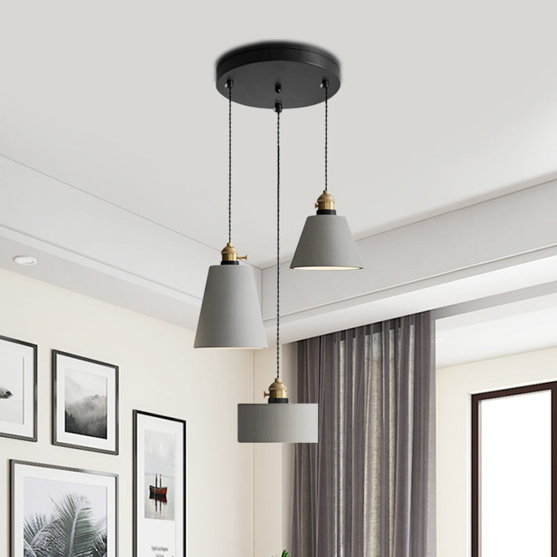 Lampada del soffitto sospeso a 3 luci geometriche industriali a 3 luci in grigio con baldacchino rotondo