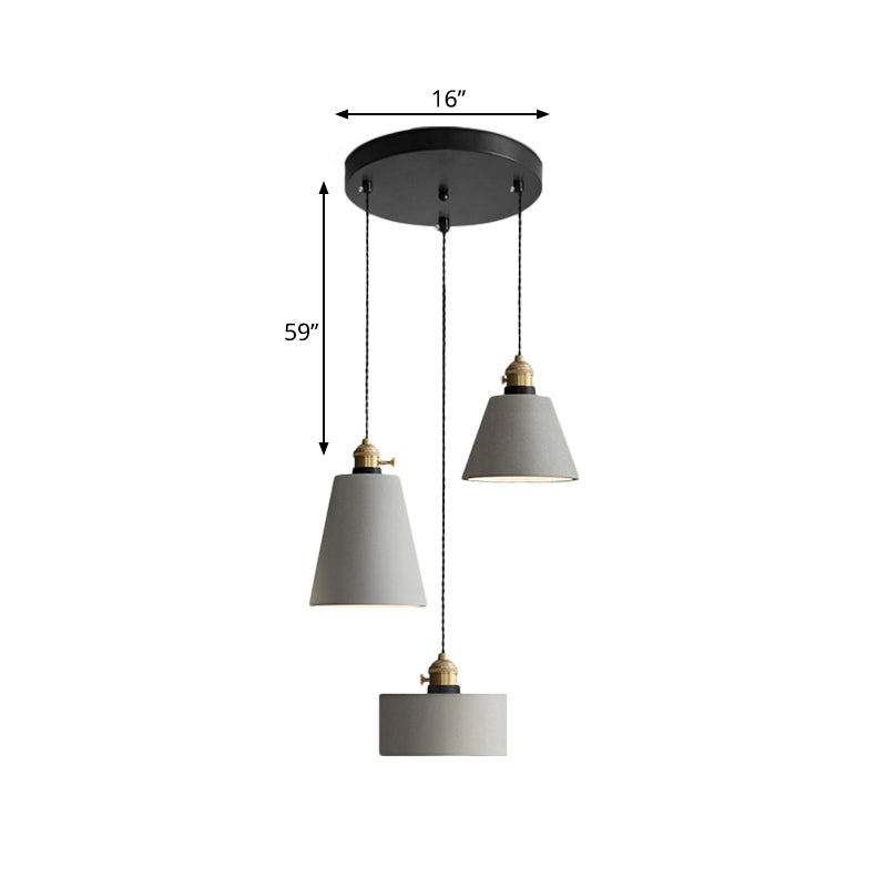 Industriële geometrische multi hanger 3 lichten cementhangende plafondlamp in grijs met ronde luifel