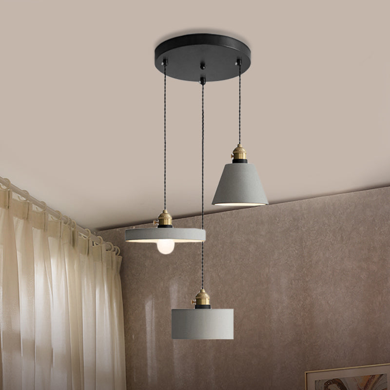 Industrial Geometric Multi Pendant 3 Lights Cement Hanging Ceiling Lamp in Grey with Round Canopy