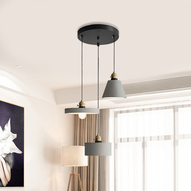 Industrial Geometric Multi Pendant 3 Lights Cement Hanging Ceiling Lamp in Grey with Round Canopy