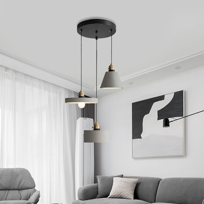 Industrial Geometric Multi Pendant 3 Lights Cement Hanging Ceiling Lamp in Grey with Round Canopy