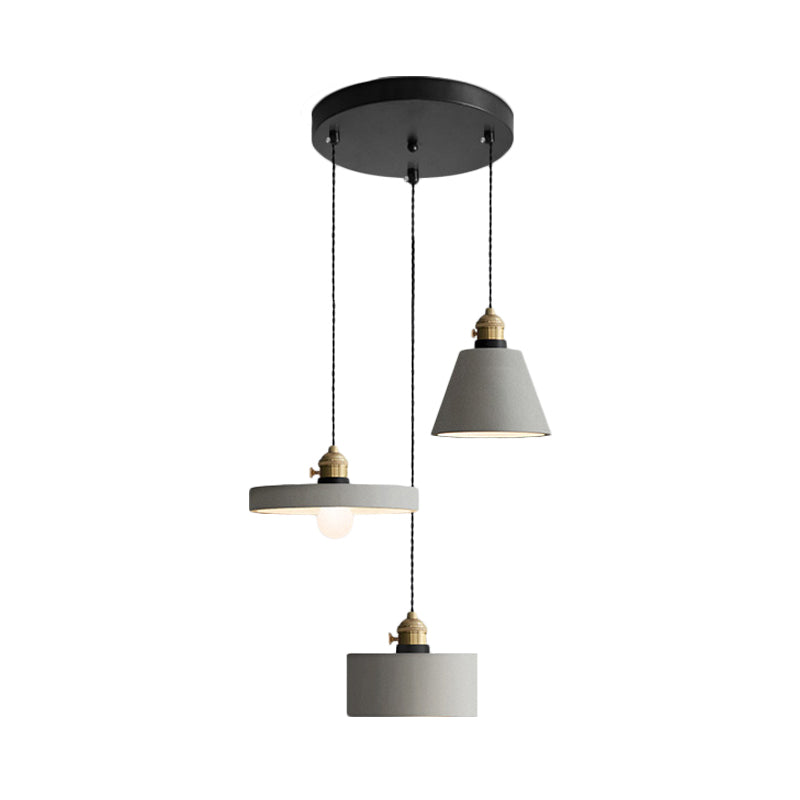 Industrial Geometric Multi Pendant 3 Lights Cement Hanging Ceiling Lamp in Grey with Round Canopy