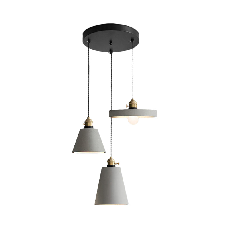 Industrial Geometric Multi Pendant 3 Lights Cement Hanging Ceiling Lamp in Grey with Round Canopy