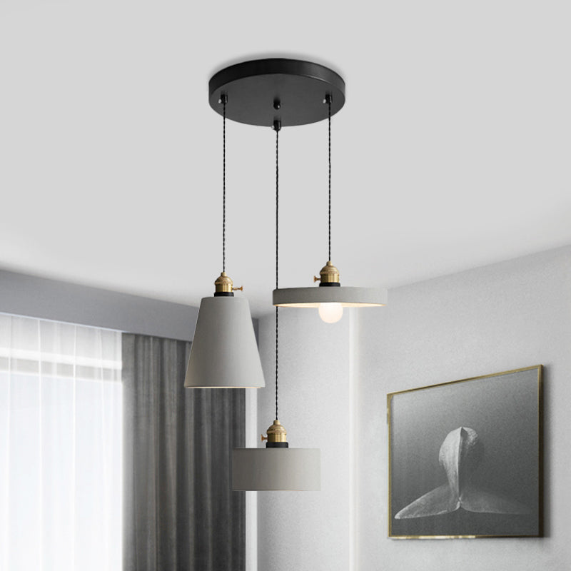 Industrial Geometric Multi Pendant 3 Lights Cement Hanging Ceiling Lamp in Grey with Round Canopy