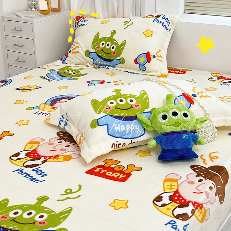 Modern Bed Sheet Set Cartoon Print Flannel Fitted Sheet for Bedroom