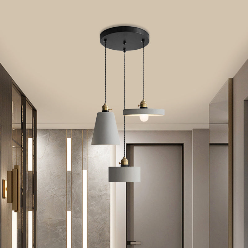 Industrial Geometric Multi Pendant 3 Lights Cement Hanging Ceiling Lamp in Grey with Round Canopy