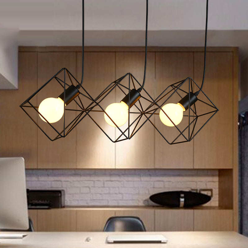 Iron Black Multiple Hanging Light Cube Cage 3 Bulbs Industrial-Style Pendant Lamp