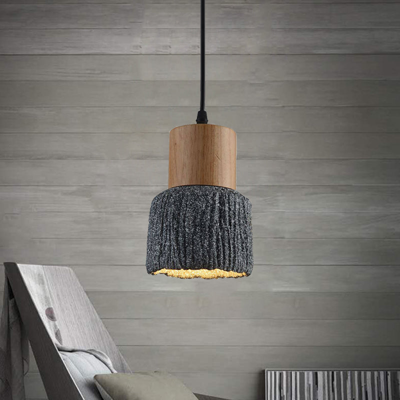 Antiqued Cup-Shape Ceiling Light 1 Head Cement Hanging Pendant Lamp in Silver/Black/Bronze and Wood