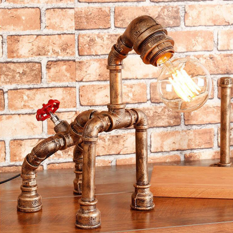 1-Light Dog Table Lamp with Water Pipe Industrial Black/Bronze Wrought Iron Table Lighting for Restaurant