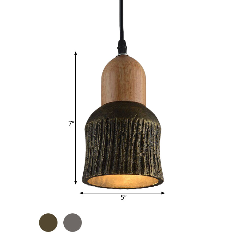 Antiqued Cup-Shape Ceiling Light 1 Head Cement Hanging Pendant Lamp in Silver/Black/Bronze and Wood