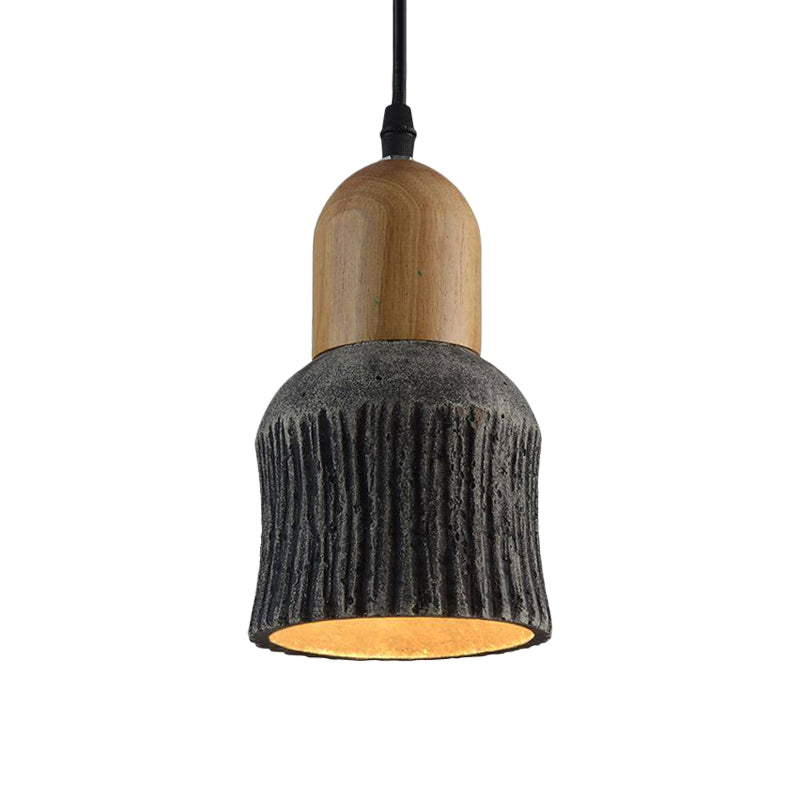 Antiqued Cup-Shape Ceiling Light 1 Head Cement Hanging Pendant Lamp in Silver/Black/Bronze and Wood