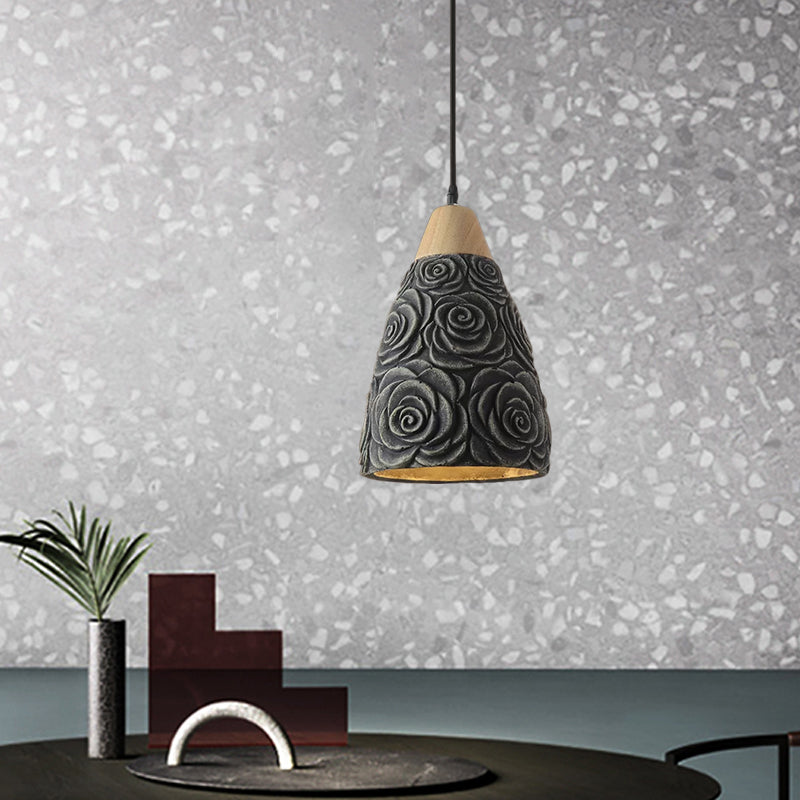 1 Light Pendant Ceiling Light Industrial Cone Cement Hanging Lamp Fixture in Black with Rose Pattern