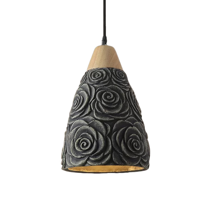 1 Light Pendant Ceiling Light Industrial Cone Cement Hanging Lamp Fixture in Black with Rose Pattern