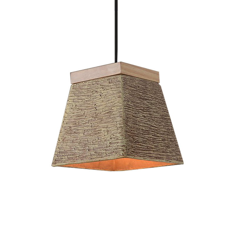 Brown 1 Bulb Ceiling Lighting Vintage Cement Trapezoid Hanging Lamp Fixture with Wood Top