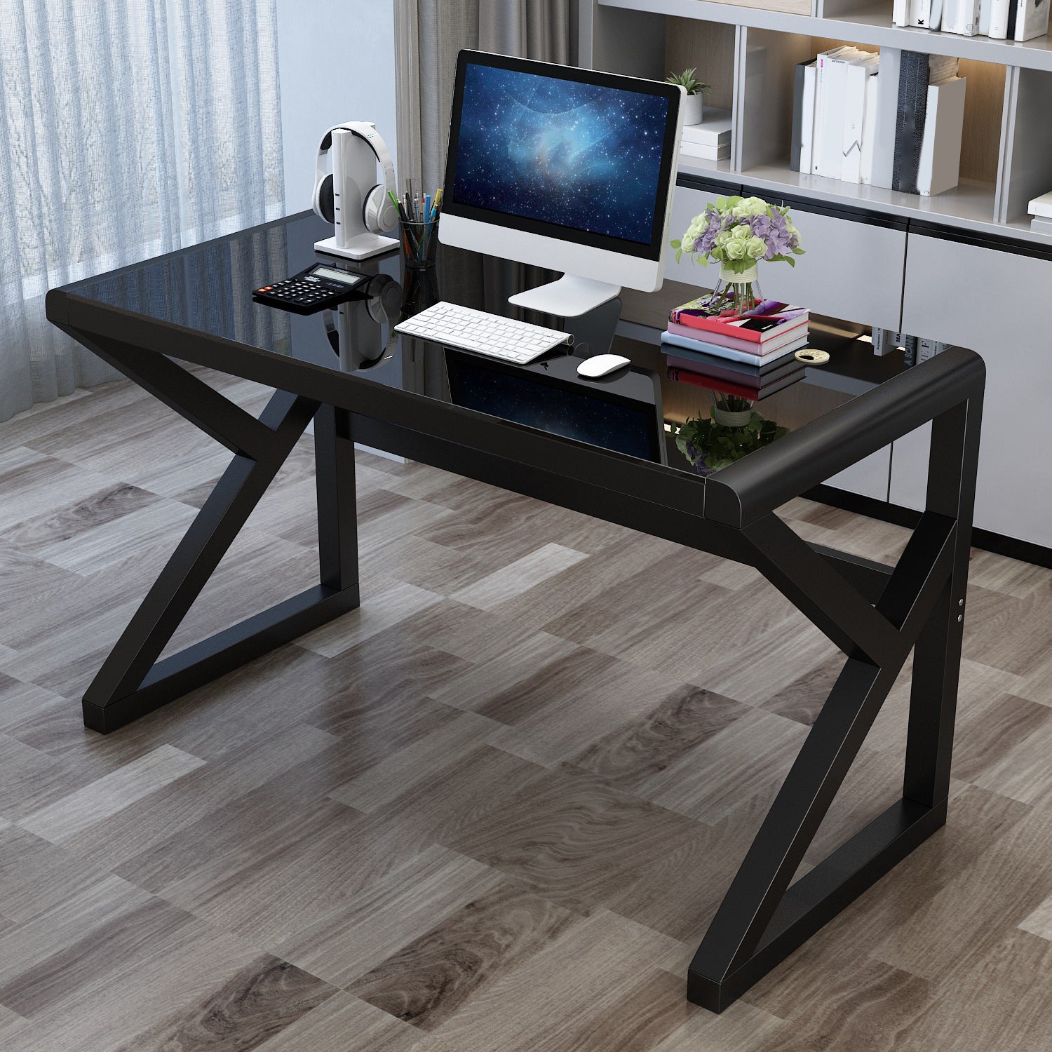 Modern Glass Top Computer Desk 29.53 Inch Tall Gaming Desk with Steel Legs