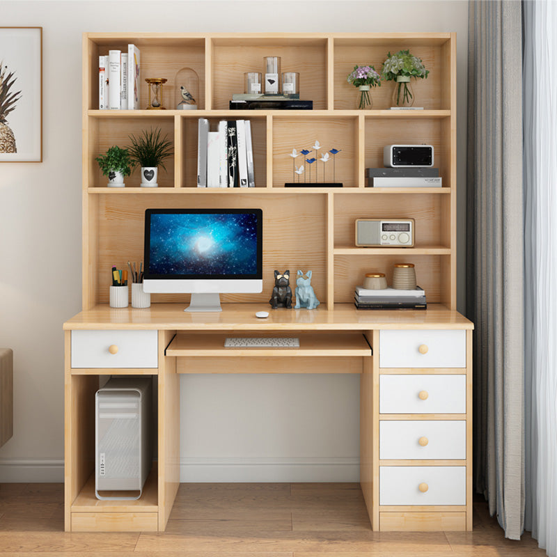 Computer Desk in Naturqal Solid Wood with 5 Drawers and Storage Shelves