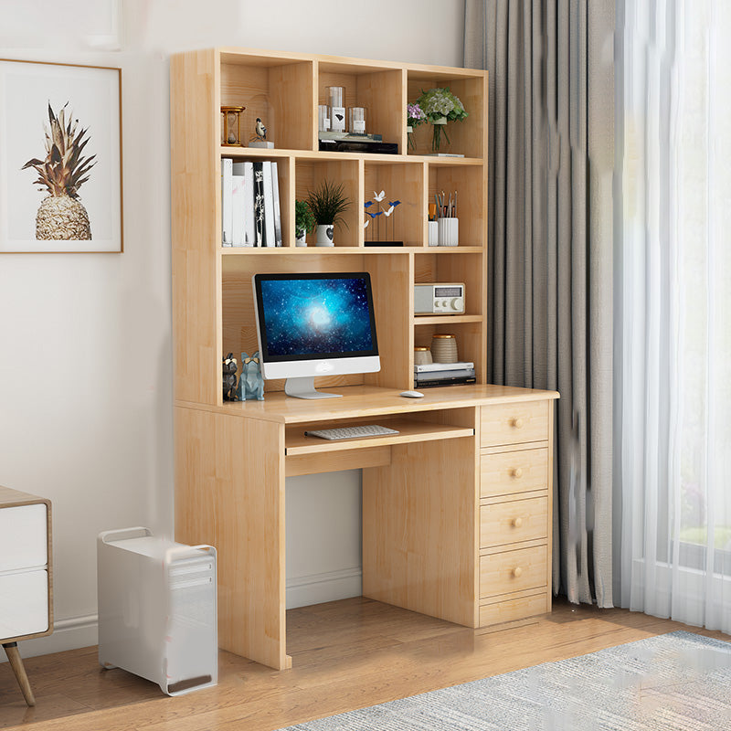 Computer Desk in Naturqal Solid Wood with 5 Drawers and Storage Shelves