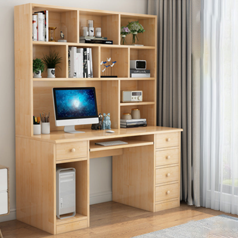 Computer Desk in Naturqal Solid Wood with 5 Drawers and Storage Shelves