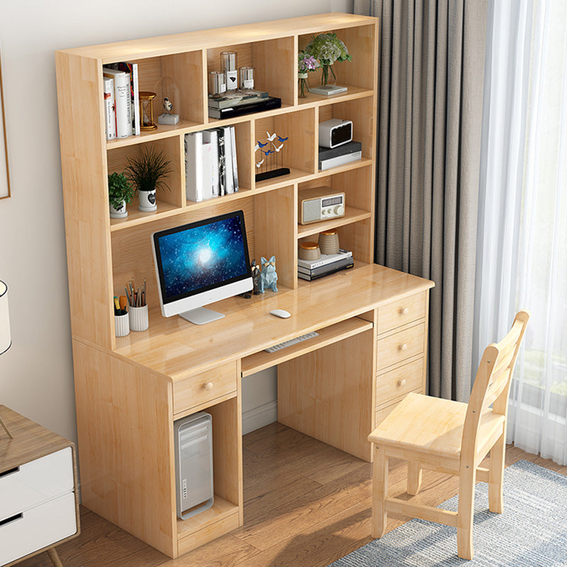 Computer Desk in Naturqal Solid Wood with 5 Drawers and Storage Shelves