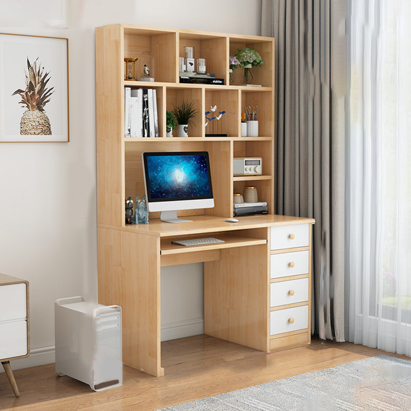 Computer Desk in Naturqal Solid Wood with 5 Drawers and Storage Shelves