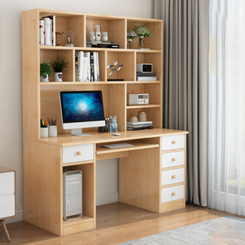 Computer Desk in Naturqal Solid Wood with 5 Drawers and Storage Shelves