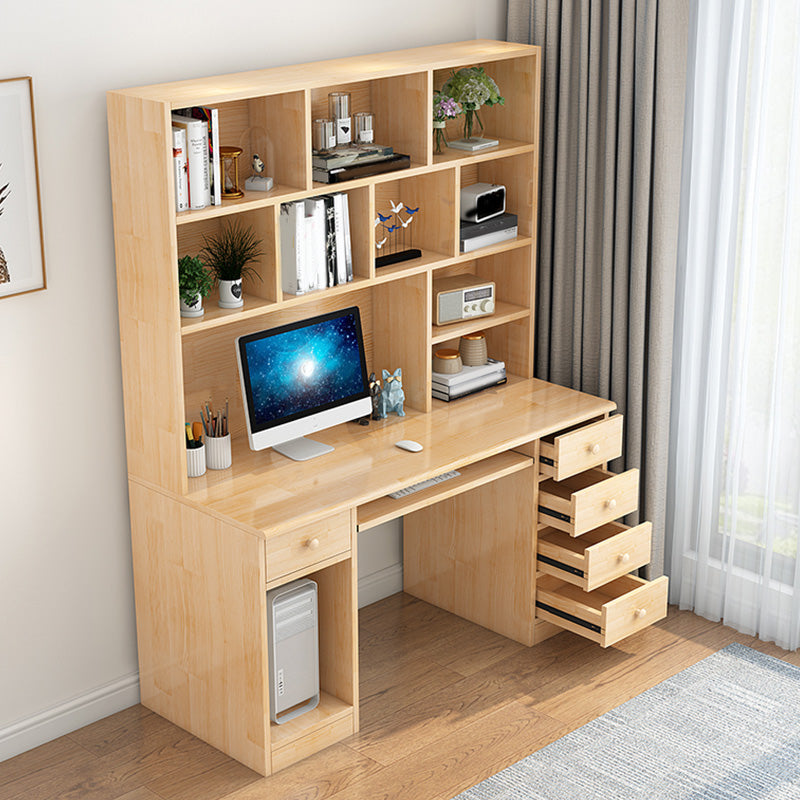 Computer Desk in Naturqal Solid Wood with 5 Drawers and Storage Shelves