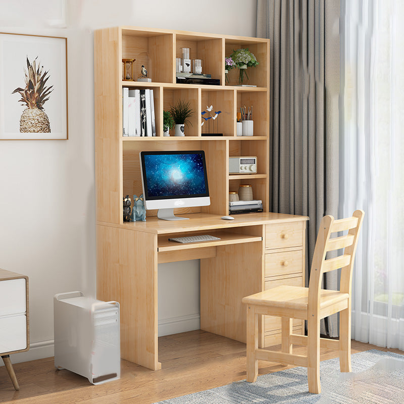 Computer Desk in Naturqal Solid Wood with 5 Drawers and Storage Shelves