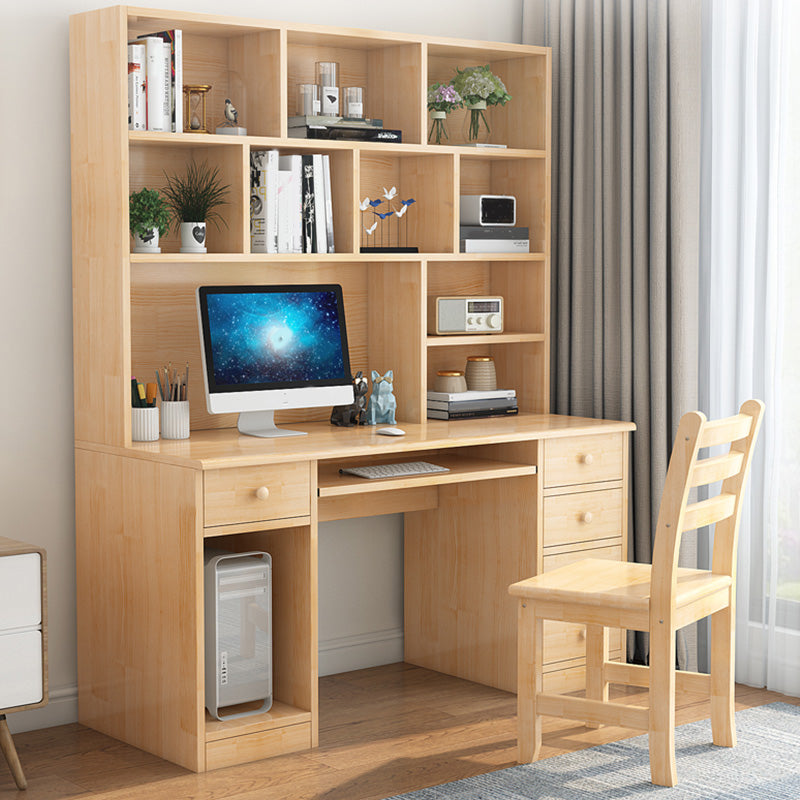 Computer Desk in Naturqal Solid Wood with 5 Drawers and Storage Shelves