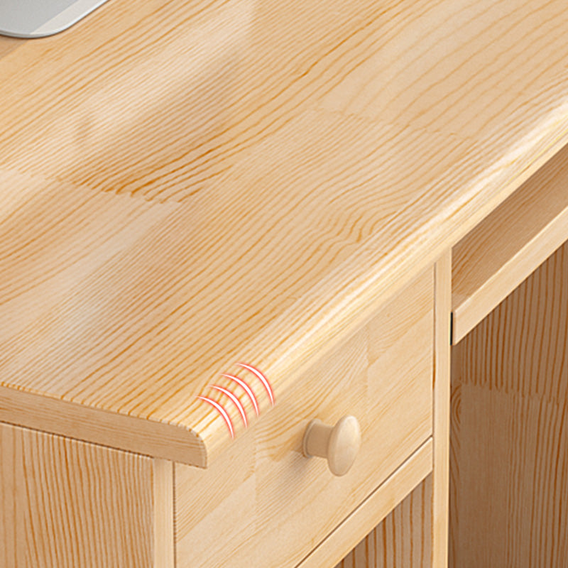 Computer Desk in Naturqal Solid Wood with 5 Drawers and Storage Shelves