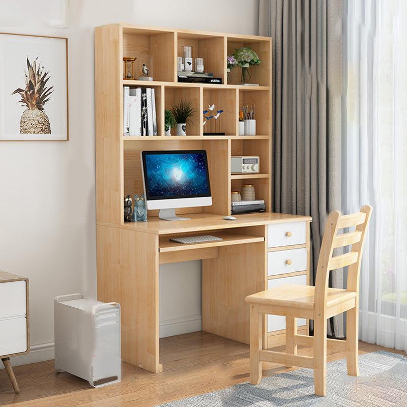 Computer Desk in Naturqal Solid Wood with 5 Drawers and Storage Shelves