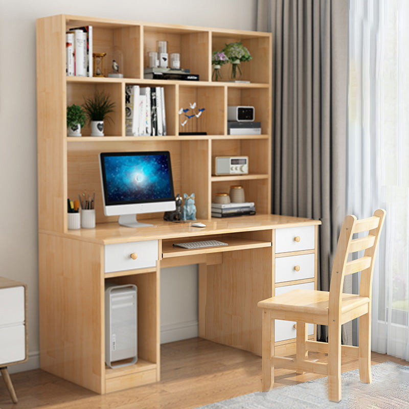 Computer Desk in Naturqal Solid Wood with 5 Drawers and Storage Shelves